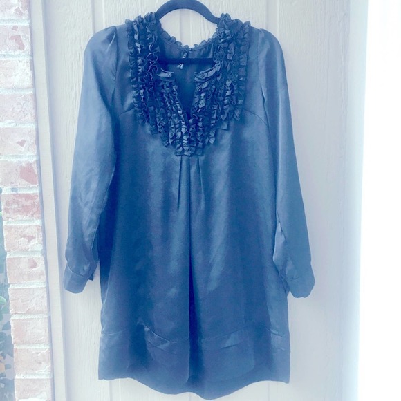 Lapis Black Long sleeved shift Dress ruffle front  S - Picture 6 of 13